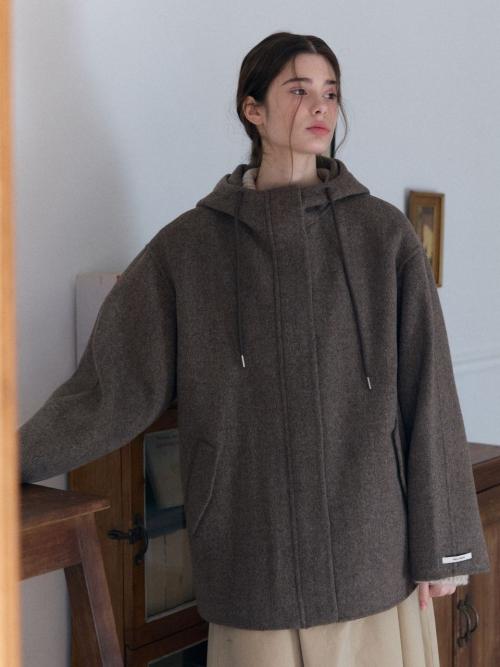 hood zip-up handmade half coat_brown Herringbone