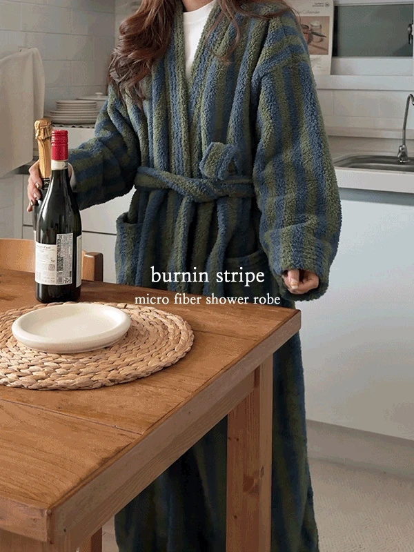 ✨겨울신상❄️ 버닌 스트라이프 고급 극세사 겨울 샤워가운 호텔 목욕 로브 팬츠 커플 수면잠옷 파자마 세트 3color 직진배송