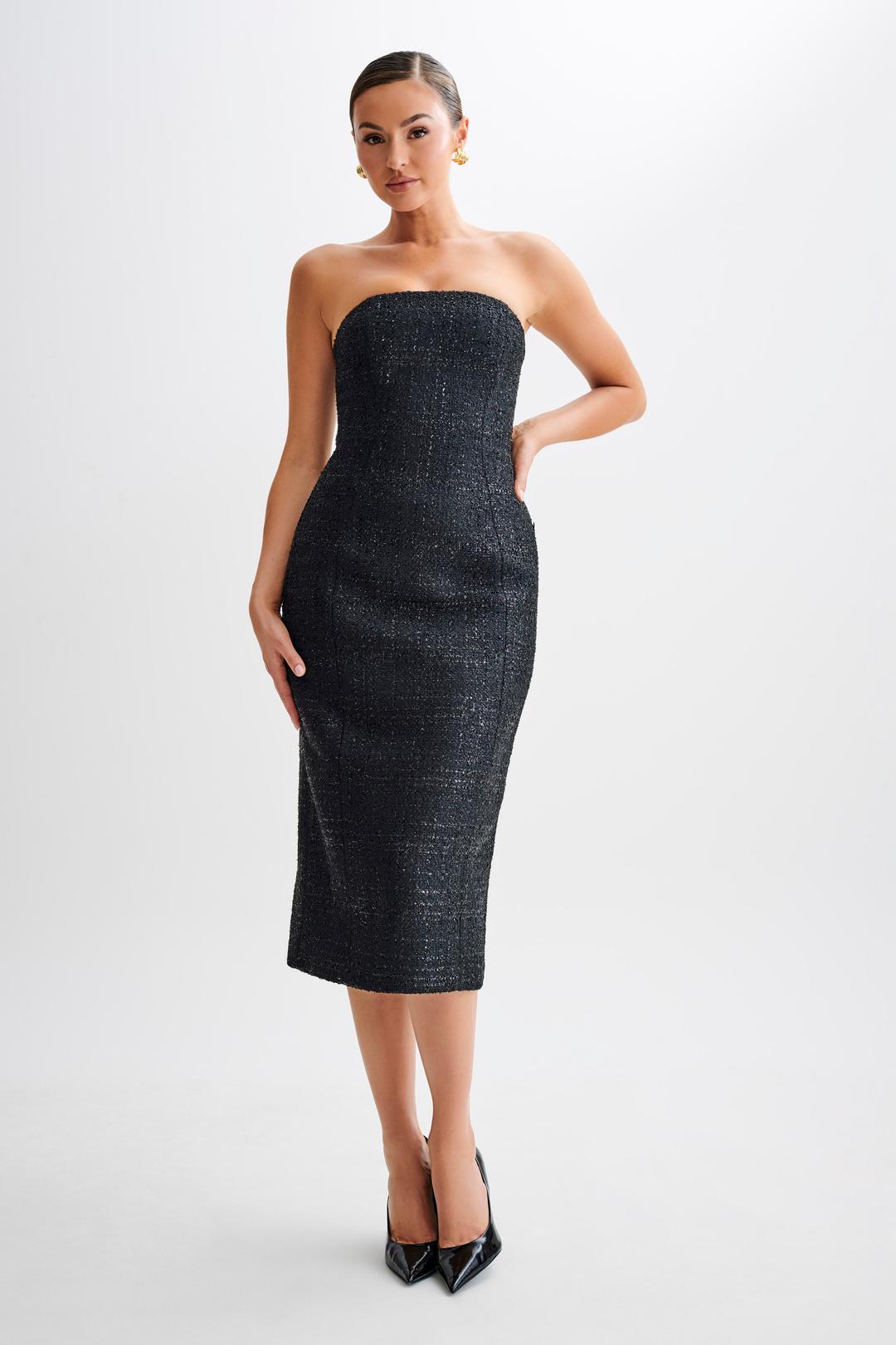 Monet Tweed Strapless Midi Dress - Black - XXS
