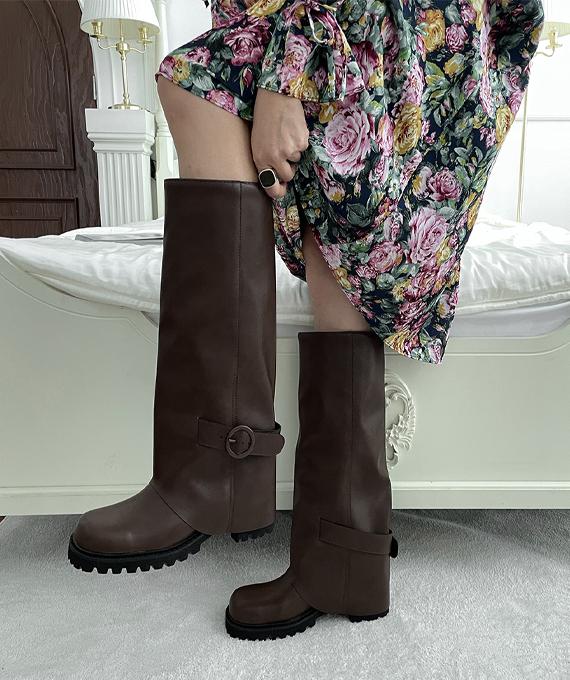 버클 스트랩 와이드 폴드 롱부츠 6cm