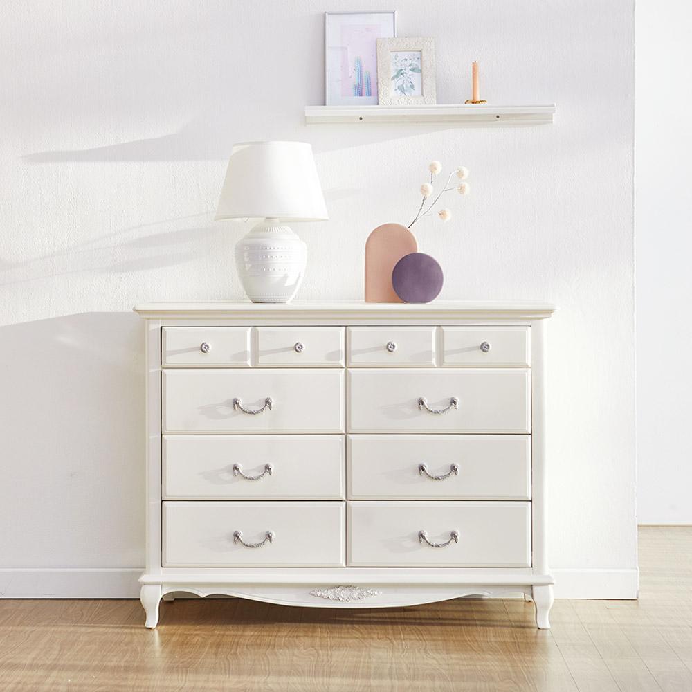 퀸앤 화이트 엔틱 원목 4단 와이드 서랍장