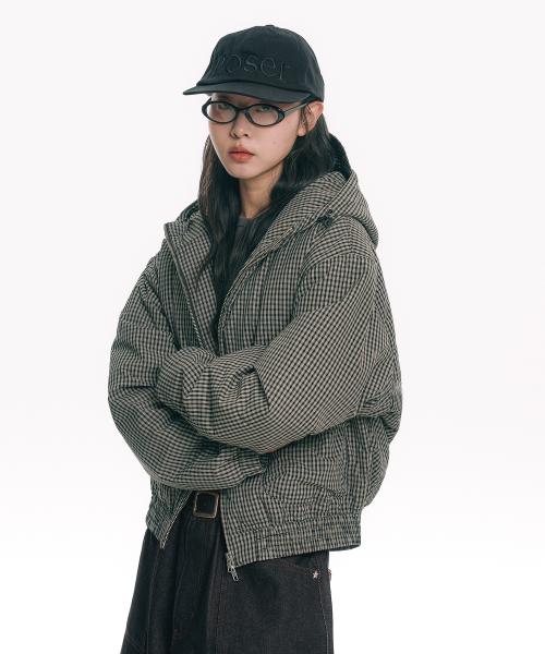 체크 후드 윈드브레이커 점퍼- 블랙
