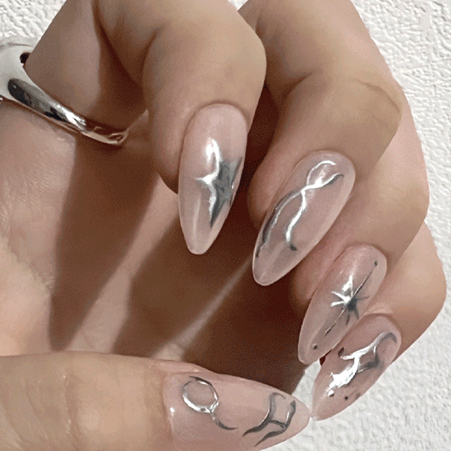 [오늘출발] 누디 실버 유니크 트라이벌 수제네일팁 / 은색네일 유니크네일 네일 연장 드로잉네일 원컬러 네일팁 봄네일 모던시크 투명네일팁 젤네일 네일아트 네일글루 수제네일 시크네일
