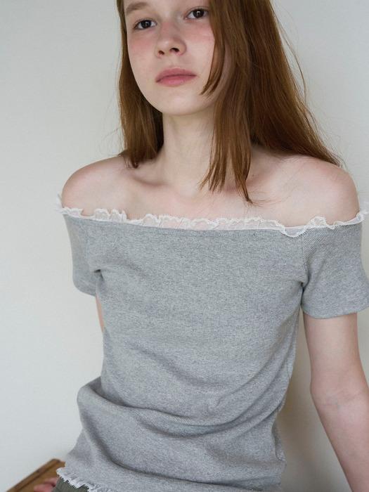 OFF SHOULDER LACE T-SHIRT - GRAY