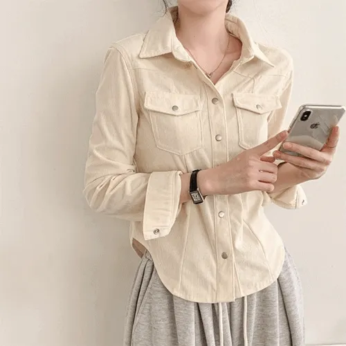 [가을셔츠/데일리] 티러 스냅 버튼 골덴 코듀로이 세미크롭 셔츠 (3color)