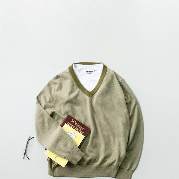 (W)Pin-Stripe V-neck Knit (Olive)