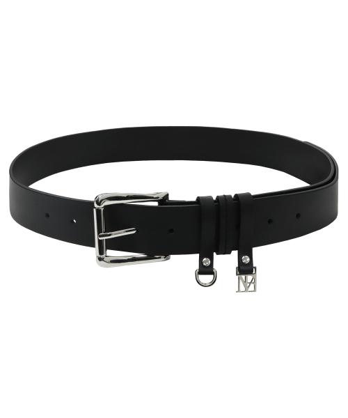 Wide buckle cowhide leather belt [ Black ]