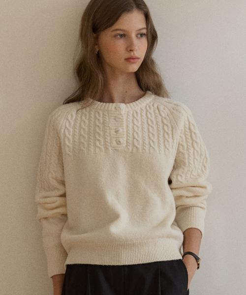 버튼 울 케이블 니트 - 아이보리