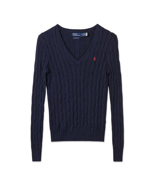 케이블 니트 코튼 V넥 스웨터-블루