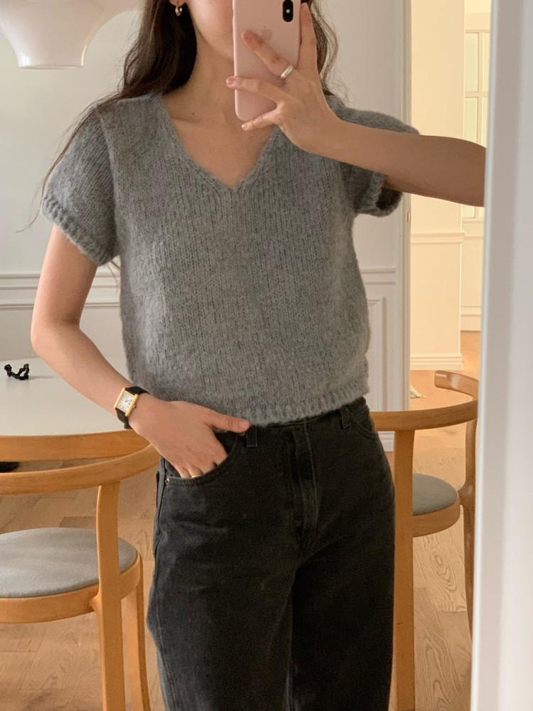 fllanel 플라넬 퍼지 하프 니트 울 반팔 브이넥 nt (2color)