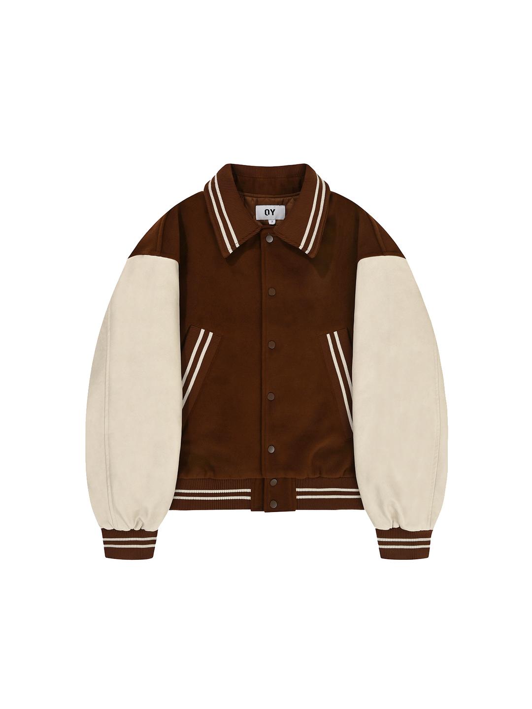 ZIGZAG EMBROIDERY VARSITY JACKET - BROWN