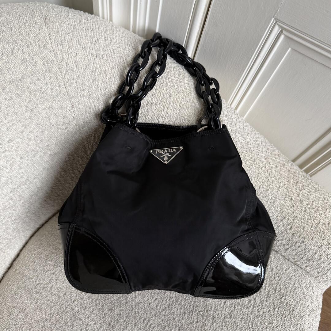 Prada Nylon Chain Patent Black Shoulder Bag