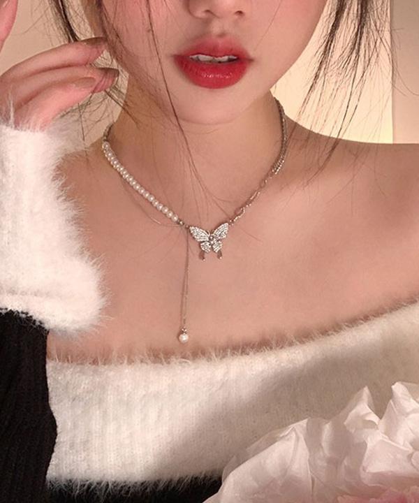 무료배송 롱진주드롭 체인목걸이 (실버) #나비 #Y2K