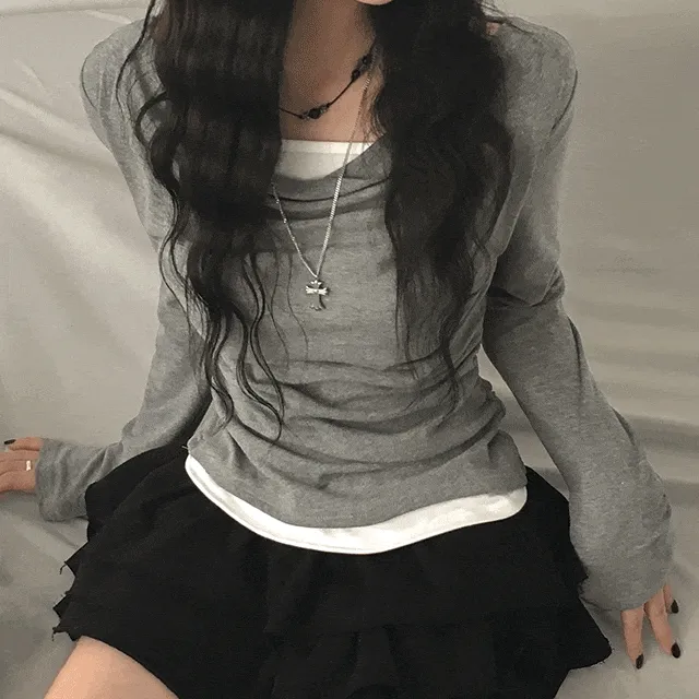 [넉넉핏/일체형🖤] 드레이프 레이어드 세트 소프트 셔링 슬림 기본 긴팔 티셔츠 3color