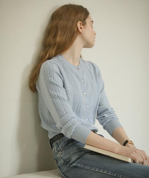 Scallop cable cashmere blended cardigan_Sky blue