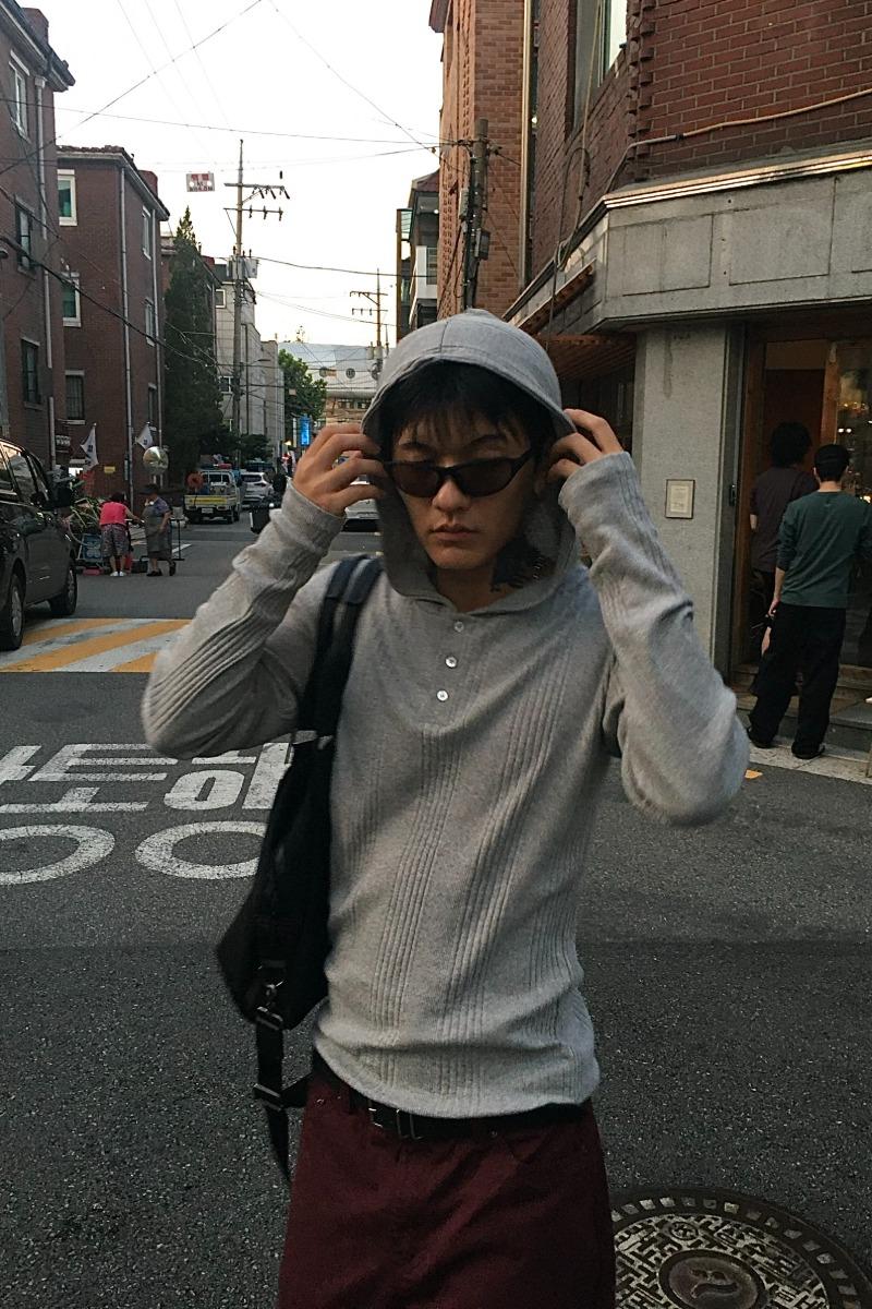 Line henley neck hooded long sleeve (4color)