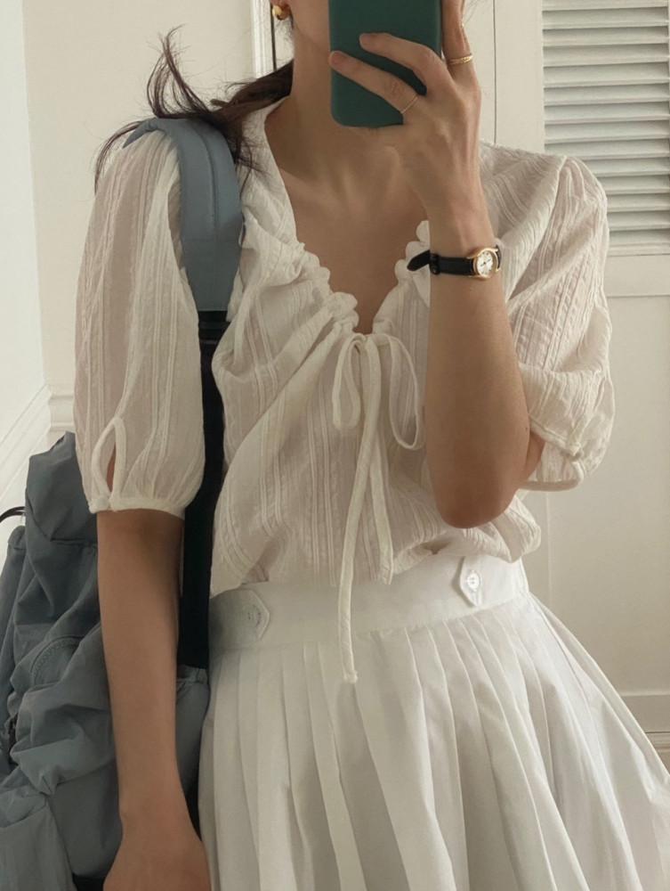 아이당일 / MVCT 넥 스트링 리본 블라우스 아이보리 소라 옐로우 3color