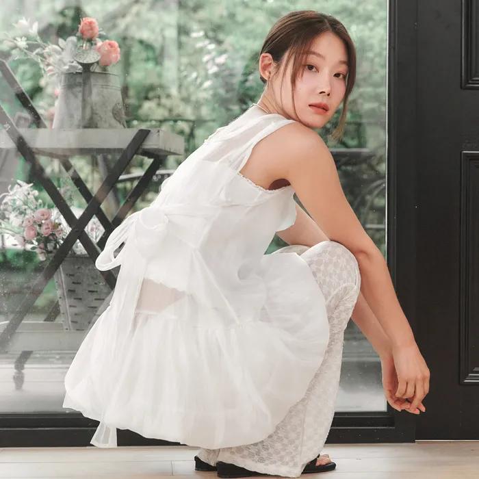 [소빈착용] Sheer Ribbon Balloon Dress White