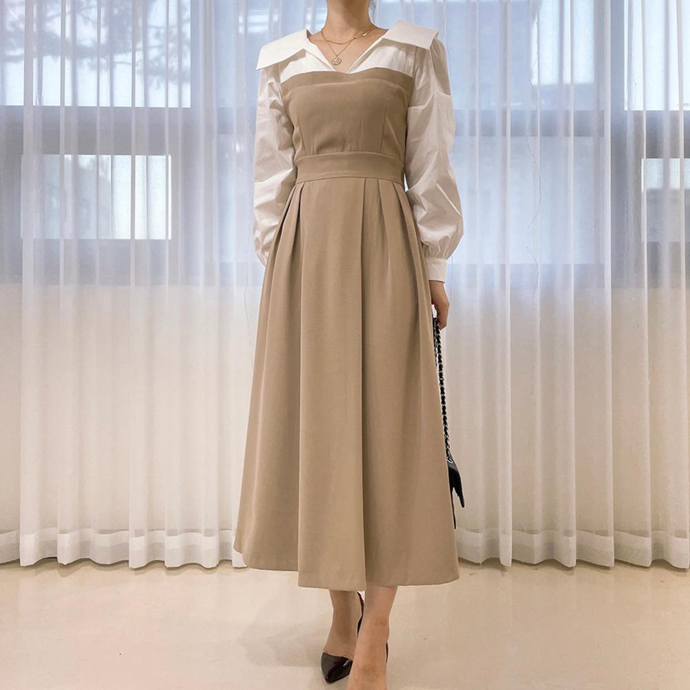 셔츠 레이어드 플레어 원피스(2color)하객 상견례룩 데이트코디 모임패션