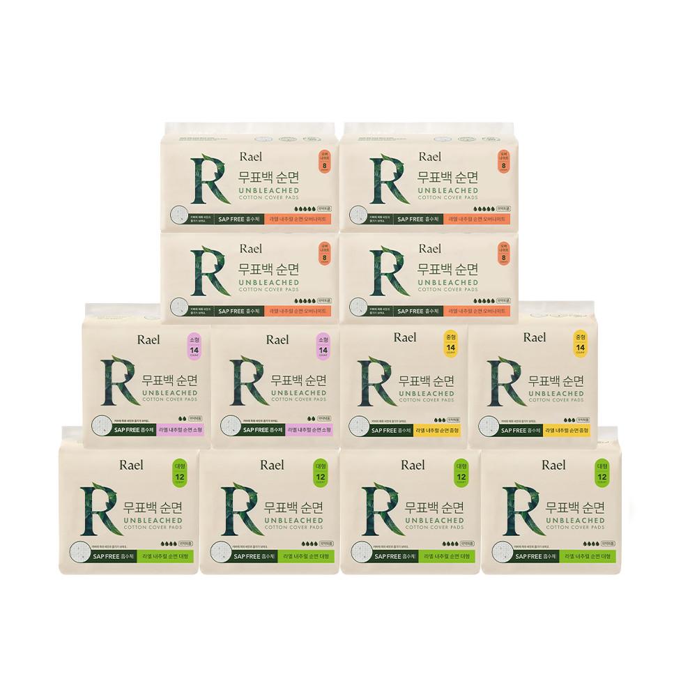[12팩]무표백 순면커버 생리대 세트(소형/중형/대형/오버나이트)