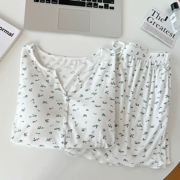 [캡포함] 플로럴 브이넥 여름 반팔 잠옷 세트