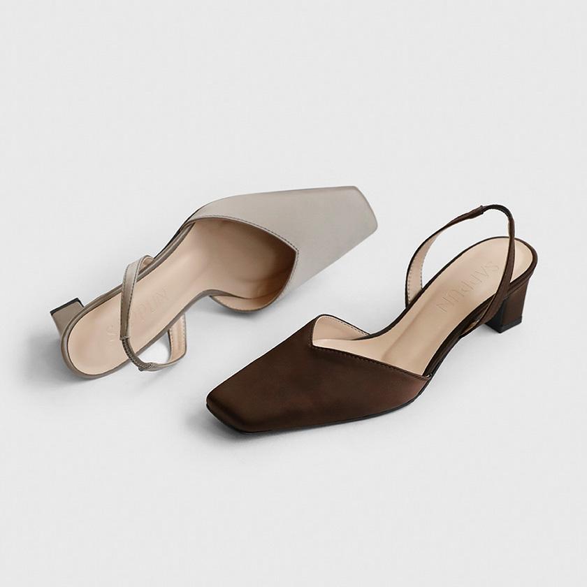 모밀린 스퀘어 새틴 슬링백힐 (5cm)