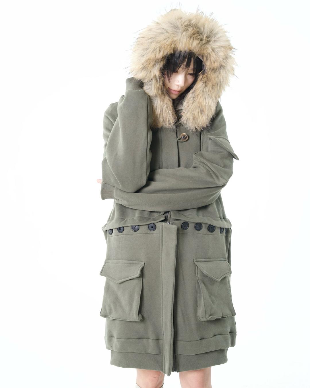 2way Fur Hood Zip Up Khaki