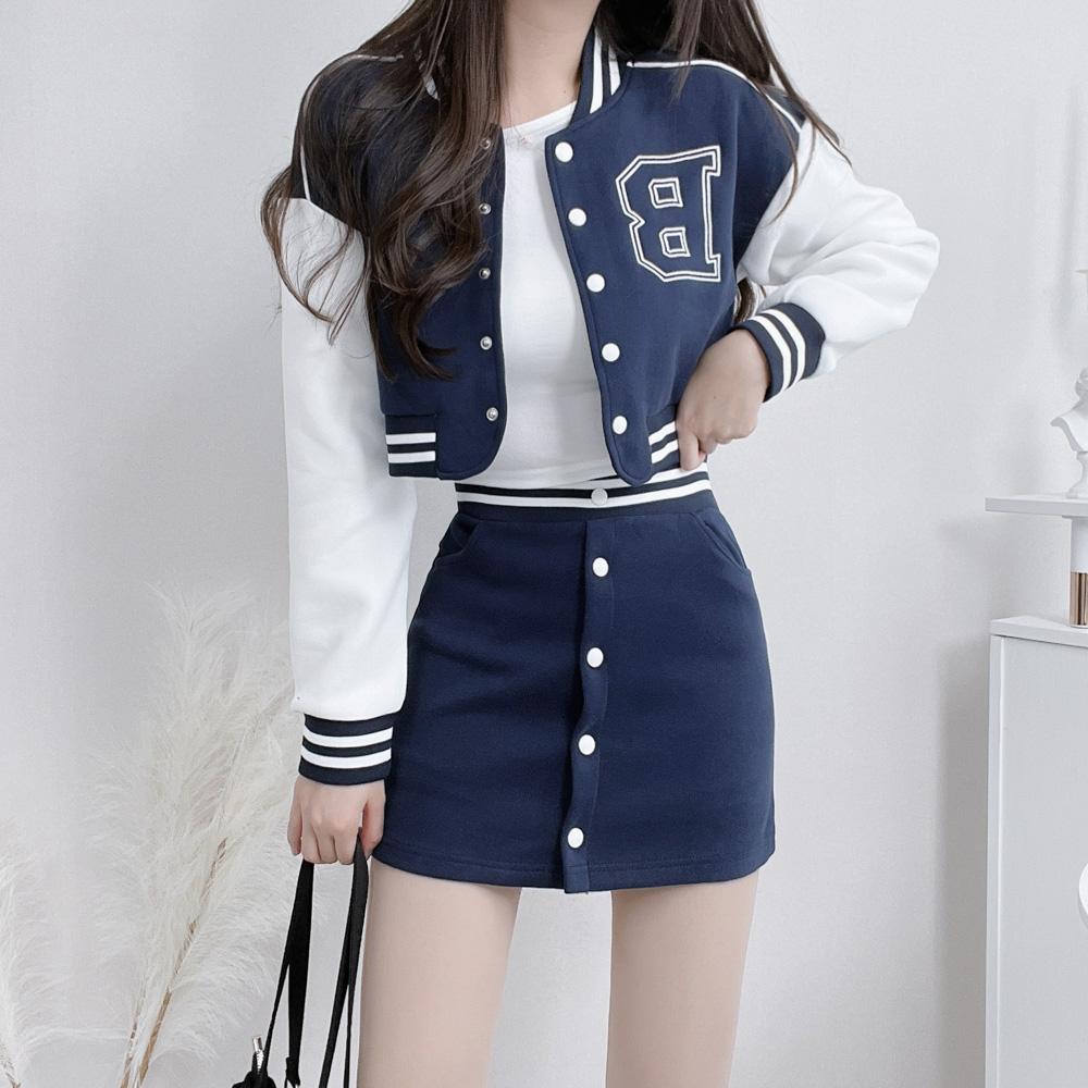 [투피스set/하이틴코디/트렌디] 버튼 하이웨스트 포켓 스커트 배색 레터링 바시티 야구 점퍼 투피스 세트