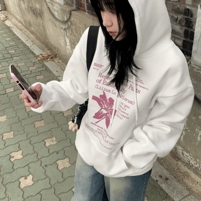 [기모안감/포근/모델pick!!] 릴리 플라워 프린팅 스트링 오버핏 후드 티셔츠