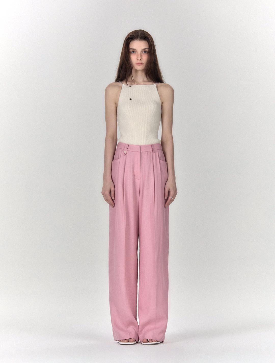 버튼 포인트 린넨 트라우저 (핑크)