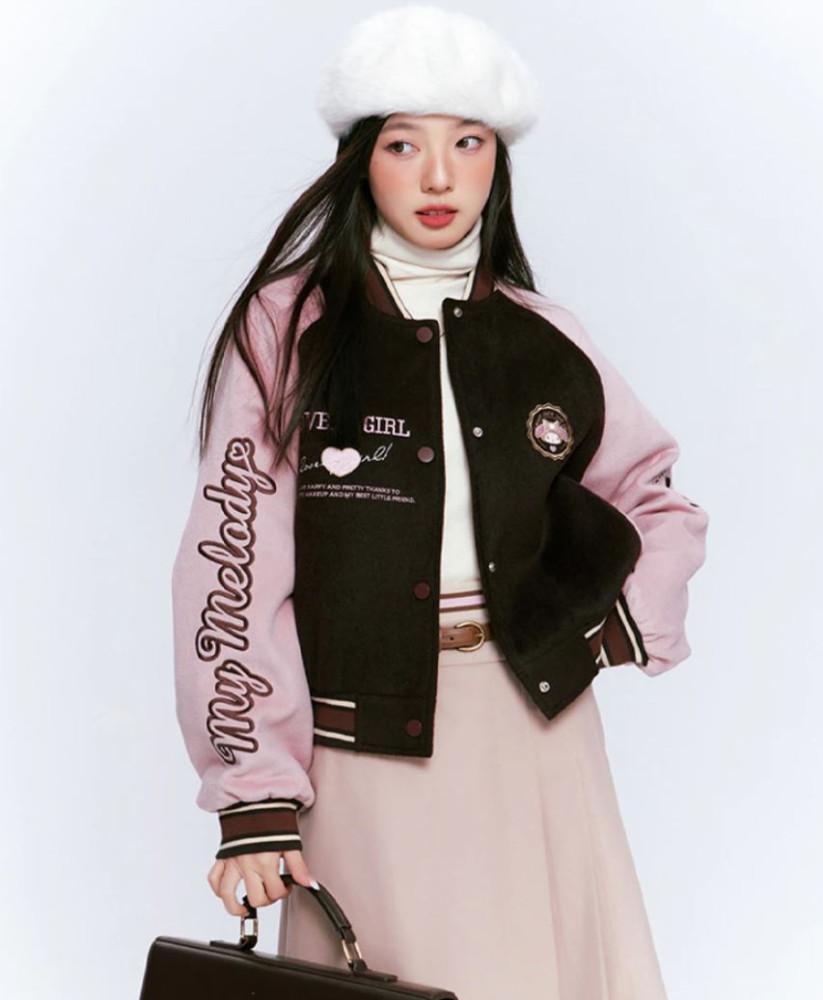 산리오 마이멜로디 자켓 핑크 하트 레터링 자수 핑크 힙한 야구잠바 빈티지 따뜻한 점퍼