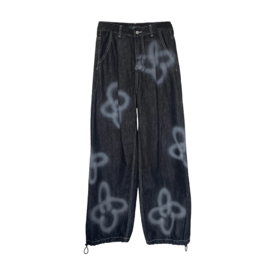 flower drawing denim pants