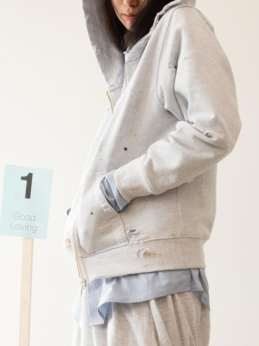 [DIRDDY] DESTROYED CUBIC CUTIE HOODIE - MELANGE GREY