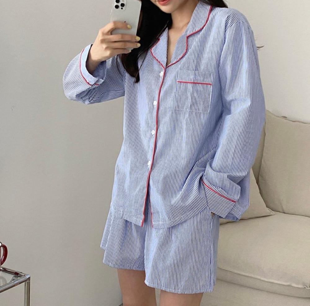 스트라이프 긴팔반바지 간절기 커플 면 잠옷세트 파자마 홈웨어