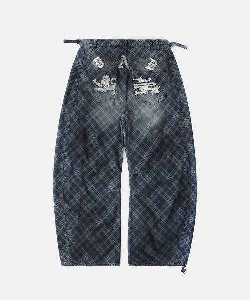 라이온 패치 워시드 배럴 팬츠 - 블루데님체크
