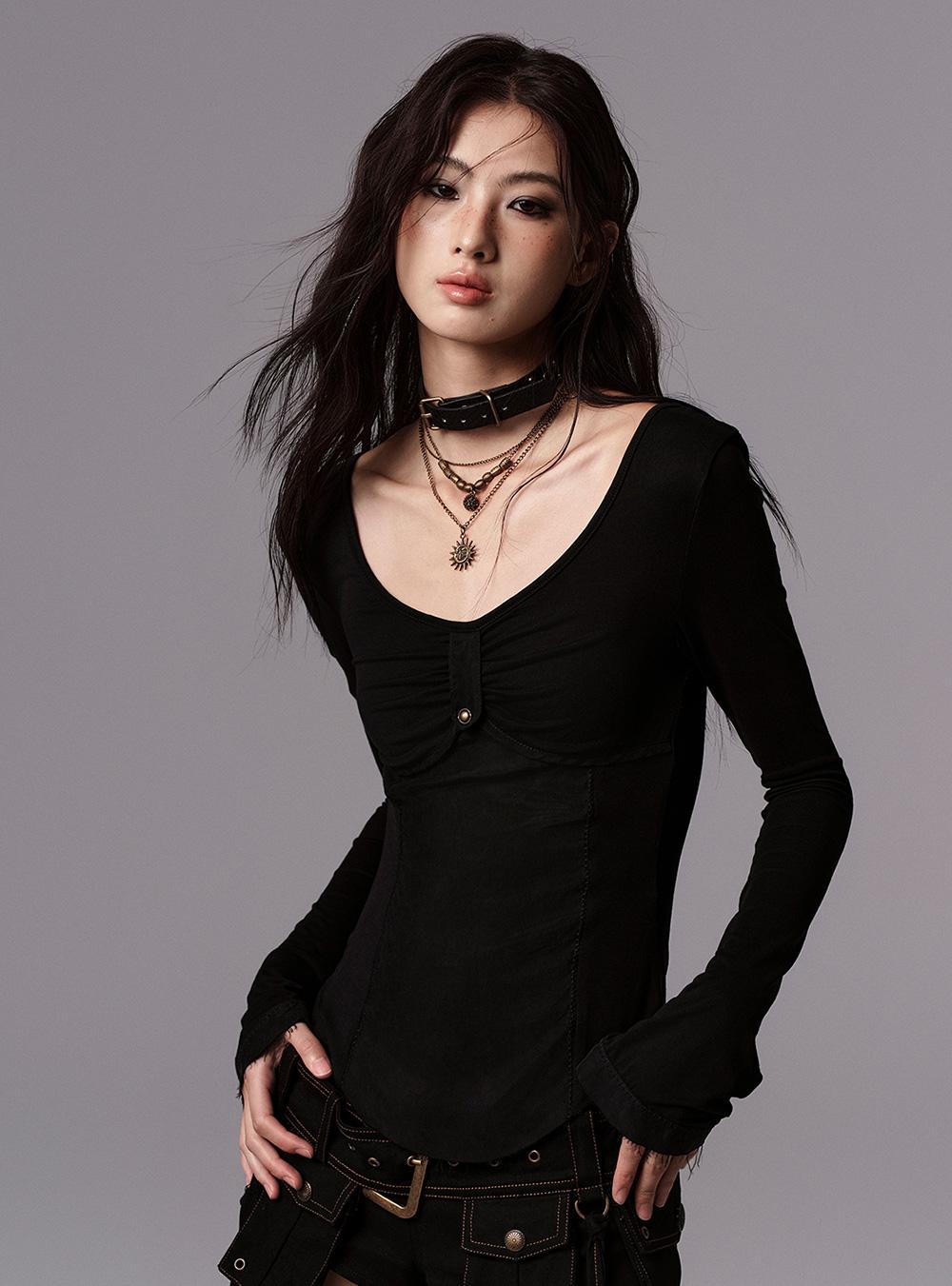 Slim Shirring Detail Long Sleeve Knit Tee