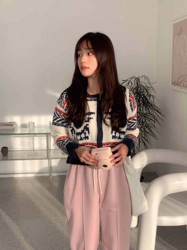 코지 패턴 숏 카라 크롭 집업 가디건