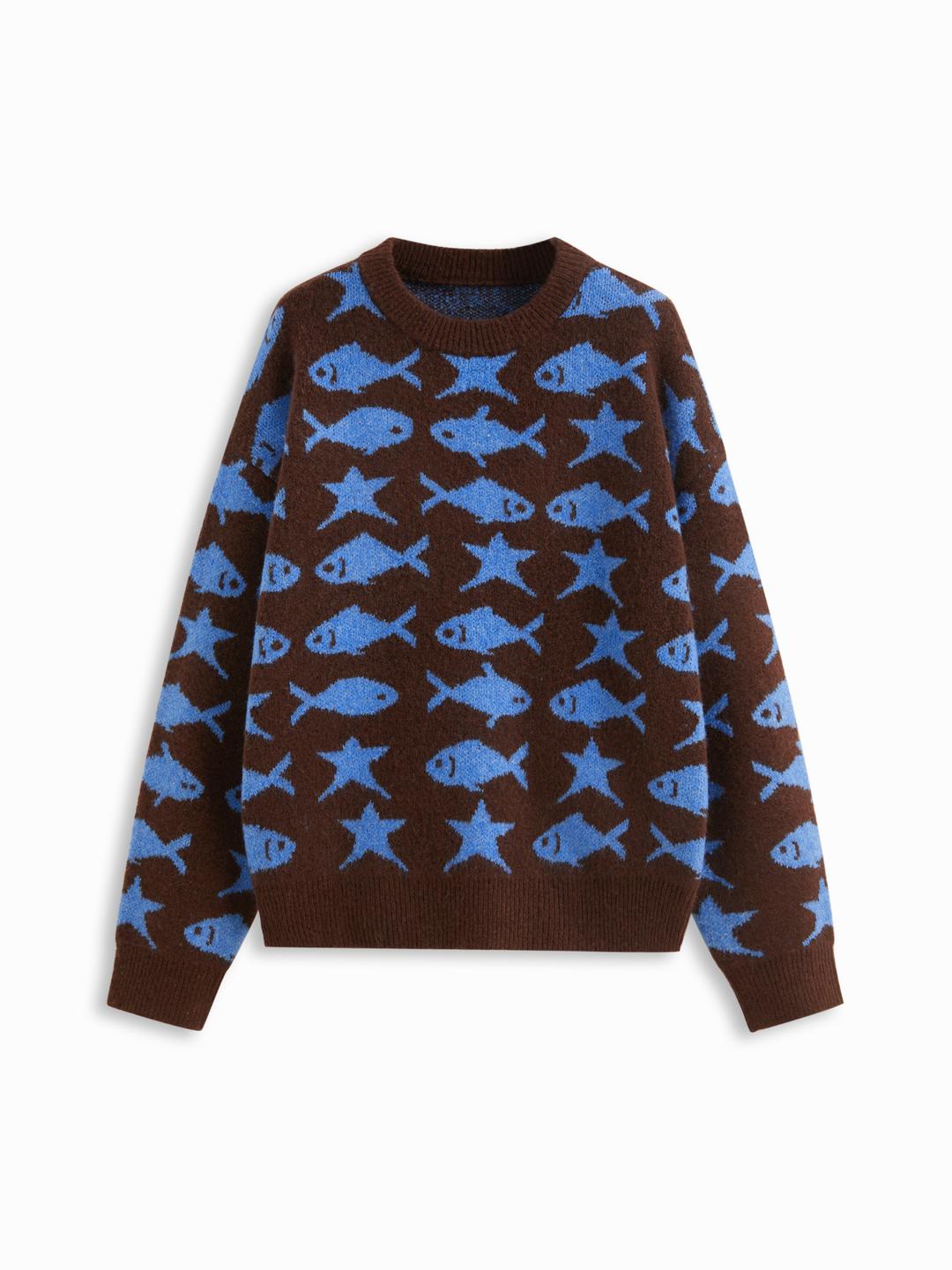 Knit Wool-blend Star & Fish Pattern Oversized Top