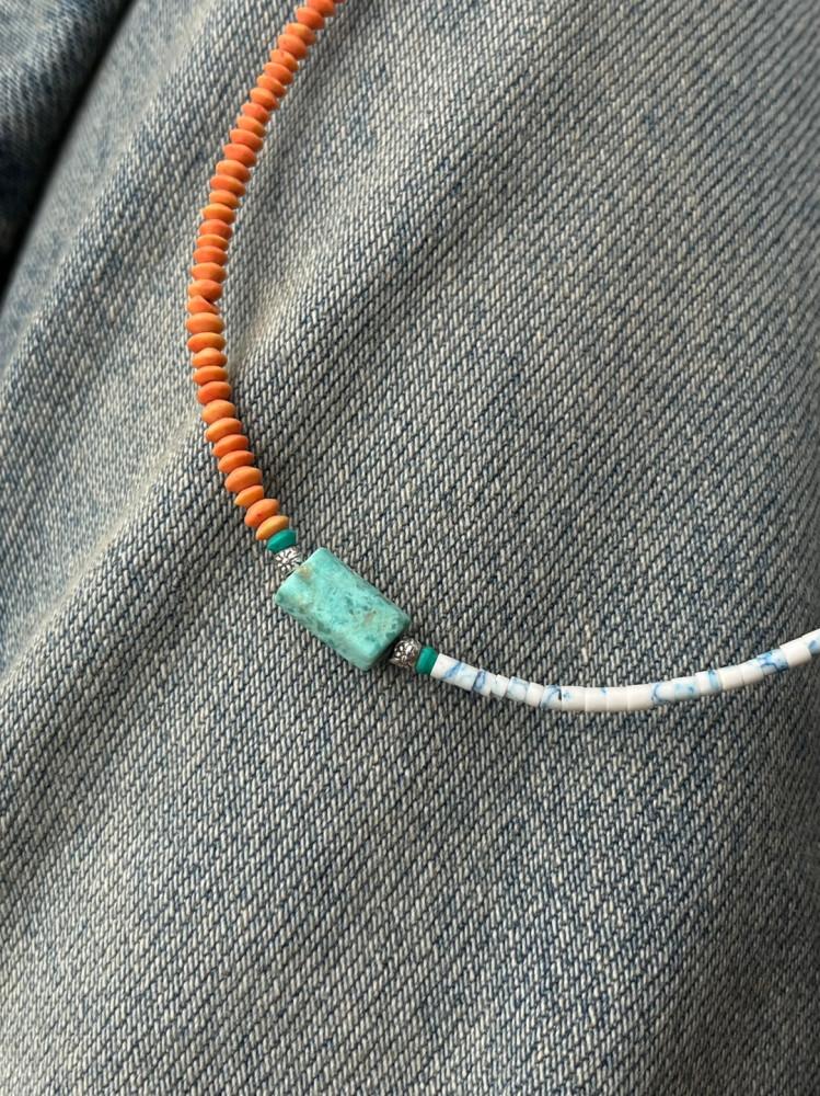 [스트링더비즈] 오렌지 실버 터키석 마블 원석 목걸이