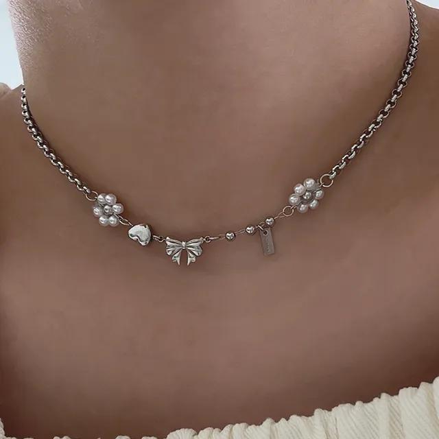 [MADE] rex 써지컬스틸 진주 플라워 리본 하트 키치 목걸이