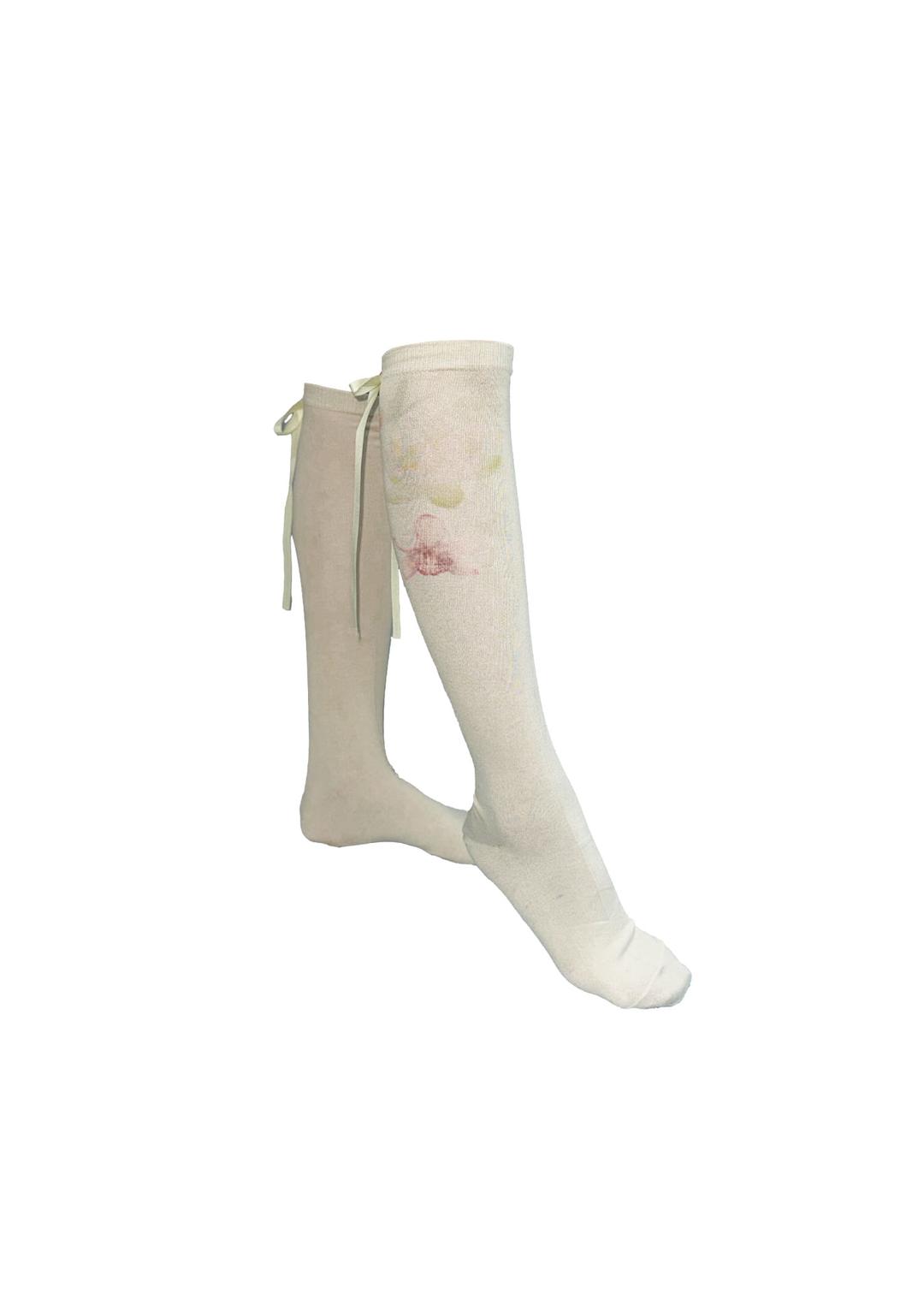 Flower-ribbon-knee-socks-(cream)