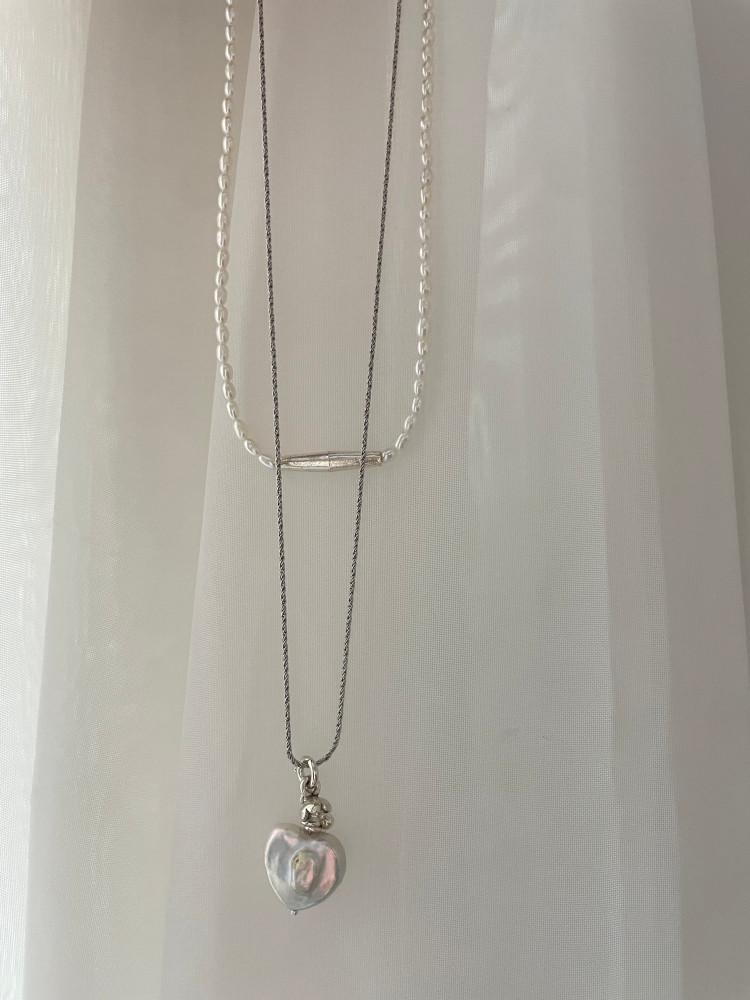Heart Pearl Long Silver Necklace