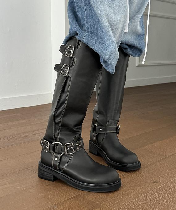 빈티지 워싱 바이커 버클 스트랩 롱부츠 4.5cm