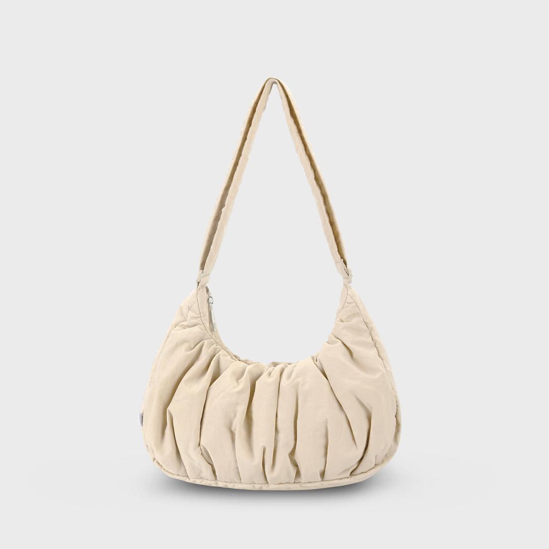 Small Croissant Shirring Cross Bag Almond