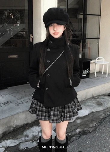 [하이넥/핏대박🖤]스터닝 하이넥 싱글 숏 코트 하프코트 더블코트 숏코트 싱글코트 모직코트 아우터 겨울코트 겨울아우터 반코트 연말룩 크리스마스 키작녀(블랙)