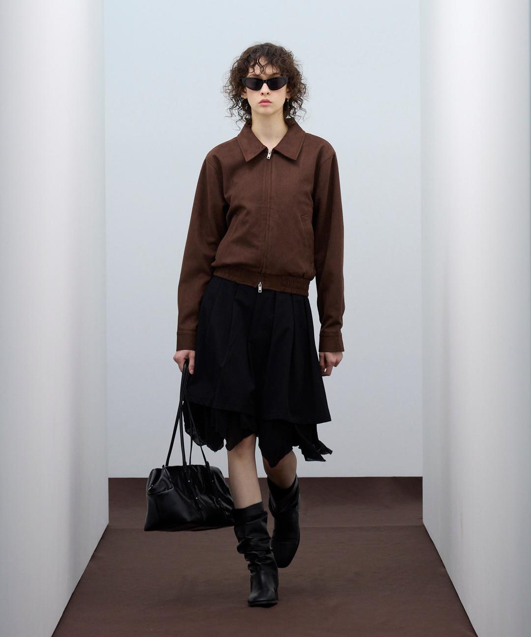 85-VIVA041 Crop Slim Blouson Suede Jacket Brown