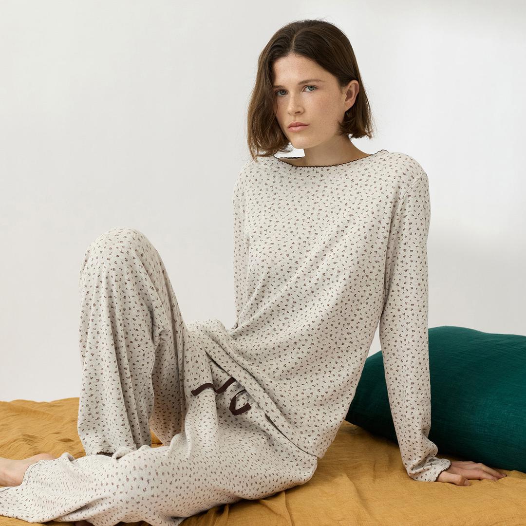 에밀 플라워 순면 와플 여성 잠옷 세트 파자마 홈웨어 긴팔 긴바지