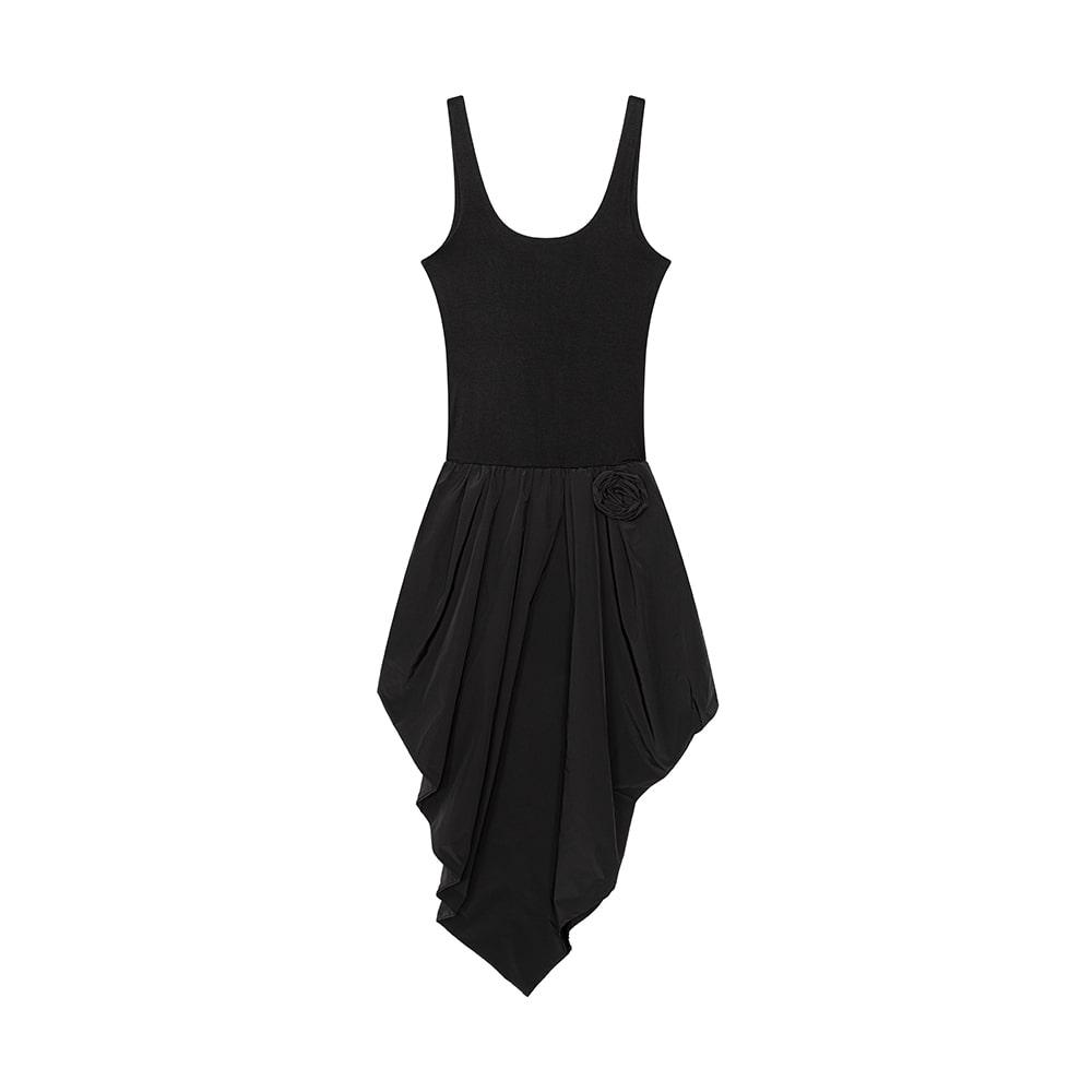 MIXED TEXTURE SLEEVELESS DRESS, BLACK