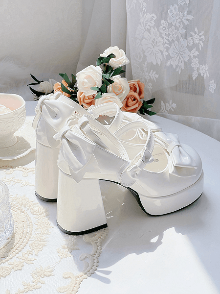 [$38.24]White Bowknot Platform High Block Heels Lolita Shoes