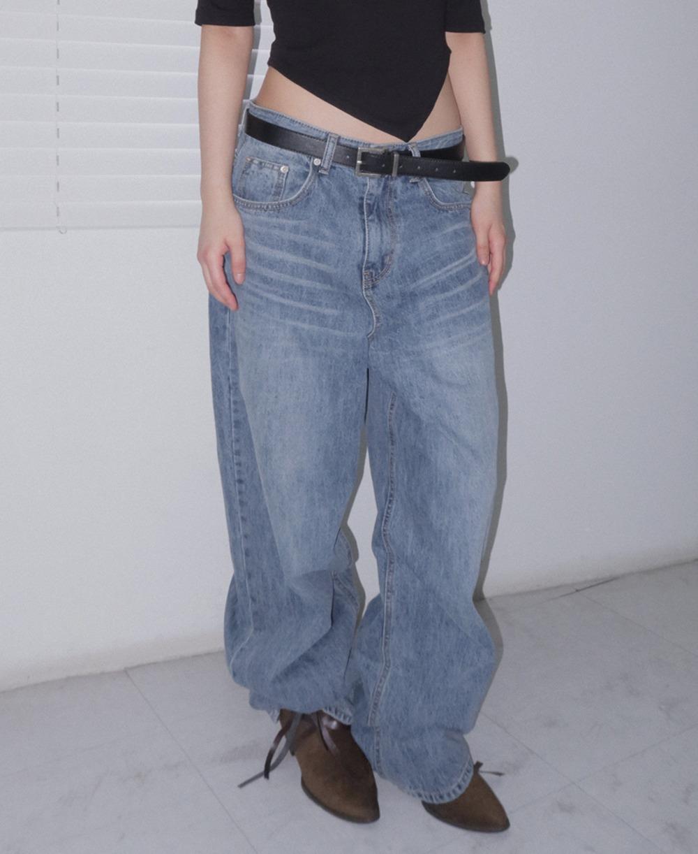 캣워싱 와이드 중청 데님팬츠
